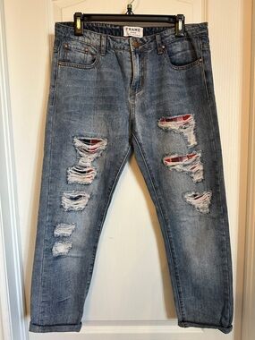 Frame Denim Blue Slim Straight Jeans with Red Plaid Patch